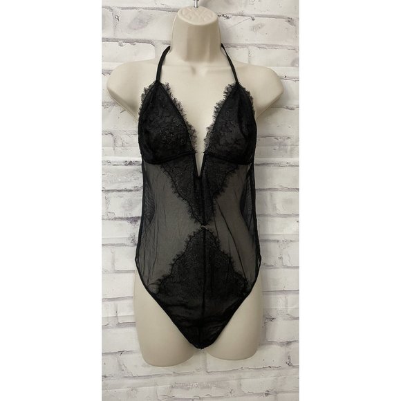 Victoria’s Secret XL Black Thong Sheer Lace Teddy Bodysuit Floral Sexy - Picture 1 of 8
